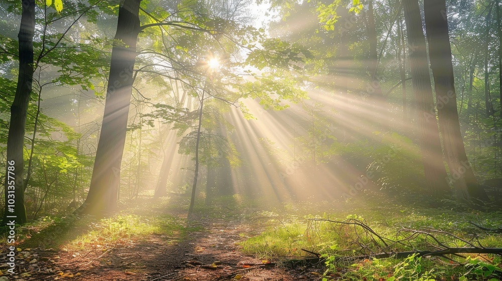 Poster misty morning in a forest with sunlight breaking through the trees and illuminating the fog at dawn