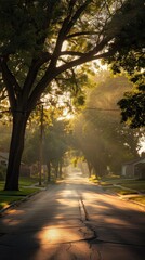Early morning light filters through trees in a tranquil suburban neighborhood on a quiet street