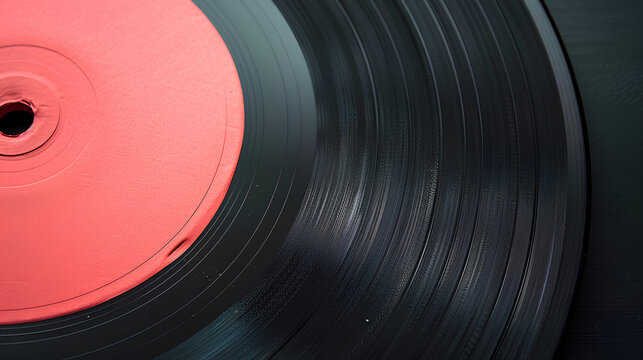 A close-up of the grooves and red label of a vinyl record.
