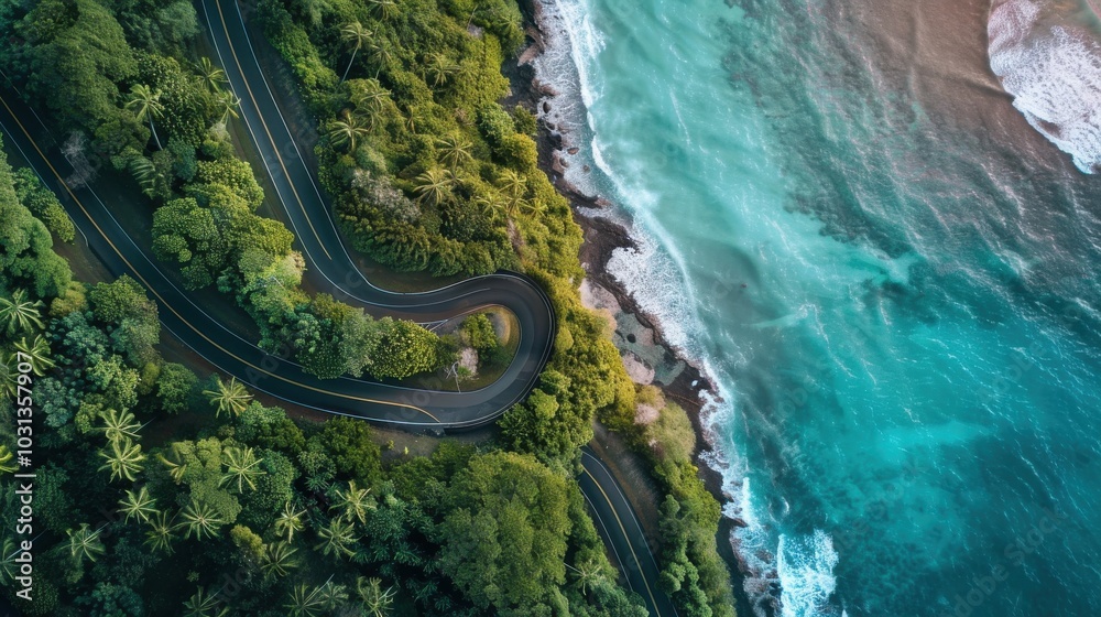 Poster a winding road with palm trees and a beautiful ocean in the background. the road is surrounded by lu