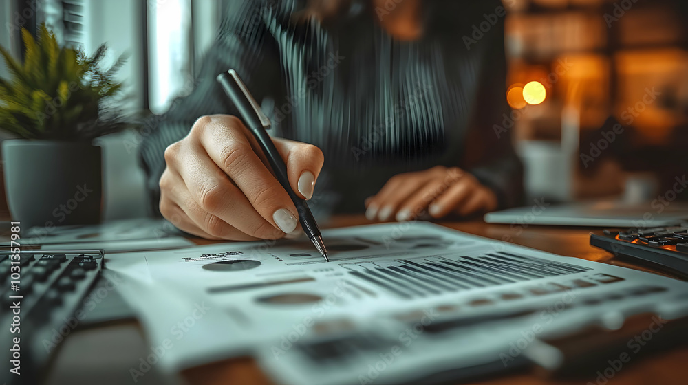 Poster A person analyzing business charts and data with a pen.