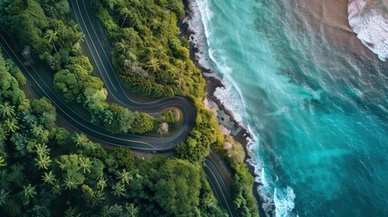 A winding road with palm trees and a beautiful ocean in the background. The road is surrounded by lush green trees and the ocean is calm and blue