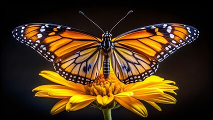 Obraz premium A vibrant butterfly with orange and black wings rests delicately on a yellow blossom, its intricate patterns contrasting against the dark background.