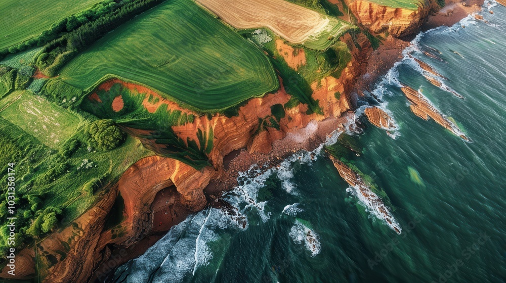 Poster a beautiful view of a rocky shoreline with a green field in the background. the water is calm and th