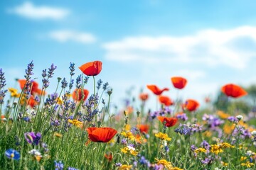 A vibrant field of wildflowers with an array of colors including red poppies, purple lavender, and golden daisies swaying gently in the breeze under a bright sunny sky