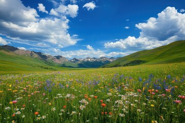 A vibrant green valley filled with colorful wildflowers swaying in the breez