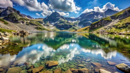 Mountain lake and peak in Rila, Bulgaria with crystal clear water and scenic views, Malyovitsa Lake, Malyovitsa Peak