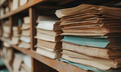 Obraz premium A bunch of paper files stored in a disorderly manner on a shelf like in an archive,Generative AI