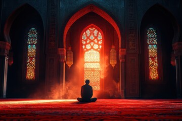 A vibrant Islamic prayer scene in a grand mosque