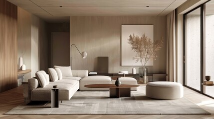 A living room with a white couch, a coffee table, and a vase. The room has a modern and minimalist design