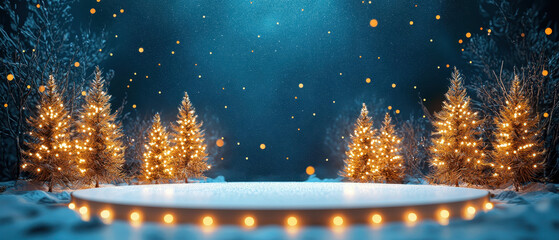 A serene winter scene featuring illuminated Christmas trees surrounding a snow-covered stage, with sparkling lights against a blue background.