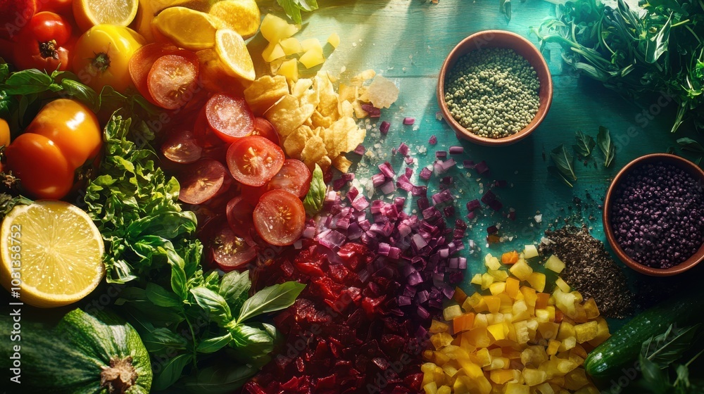 Poster A colorful assortment of vegetables and fruits are displayed on a table