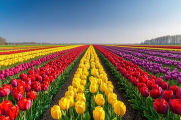 A vibrant tulip field  showcasing rows upon rows of colorful tulips in red, yellow, and purple, stretching endlessly under a clear blue sky