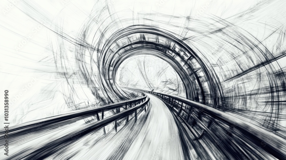 Poster a blurry image of a curved road with a bridge in the middle