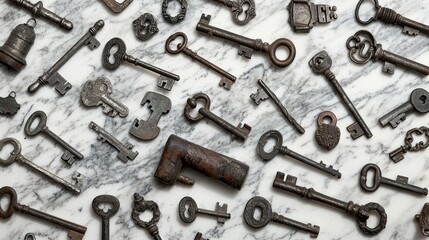 Collection of vintage keys arranged on a marble surface