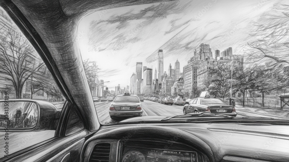 Poster a drawing of a car window with a city in the background