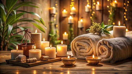 Luxurious spa massage setting with candles, soft lighting, and serene decor , relaxation, luxurious, spa, massage