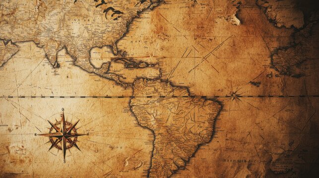 Close-up of an ancient map of the New World depicting Columbus' route, showcasing intricate details and textures in soft light