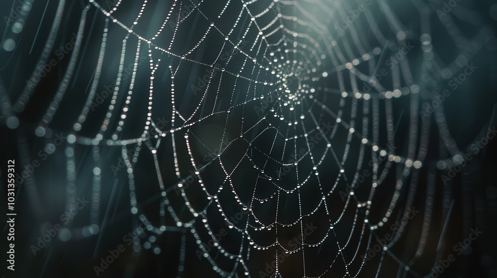 Poster a spider web is shown in a dark background with a few drops of water on it. the web is very intricat