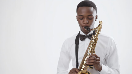 Naklejka premium Young musician in bow tie performing with saxophone in studio setting