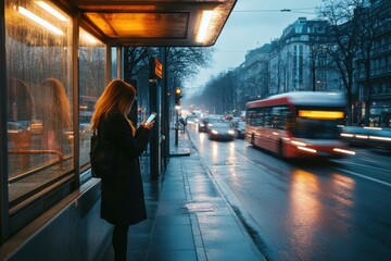 A woman standing at a bus stop, checking her phone while waiting in bus stop