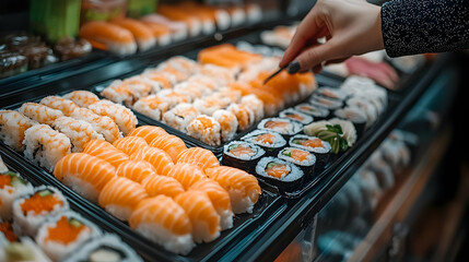 A hand selecting sushi from a display of various rolls.