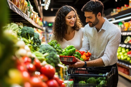 A young couple grocery shopping together in a supermarket