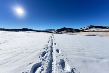 Obraz premium Lonely footprint trail across an open snowy field, leading into the horizon