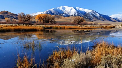 Obraz premium Landscape view of frozen lake and mountains under blue sky in winter