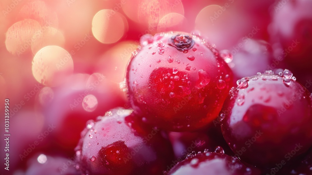 Poster a close up of a bunch of red berries with water droplets on them