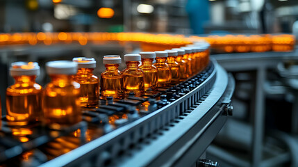 Bottles on a conveyor belt in a pharmaceutical production facility.