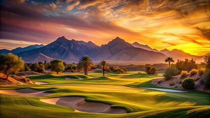 Fototapeta premium Desert Golf Course at Golden Hour with Majestic Mountains in Silhouette