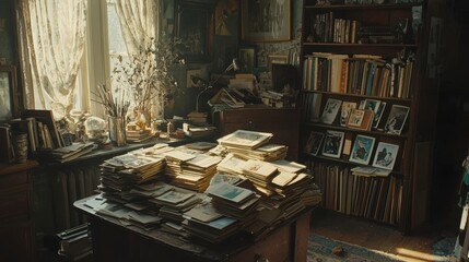Obraz premium A cluttered room filled with old photographs and books on shelves