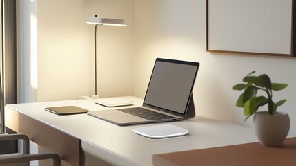 Modern Workspace with Laptop and Desk Lamp