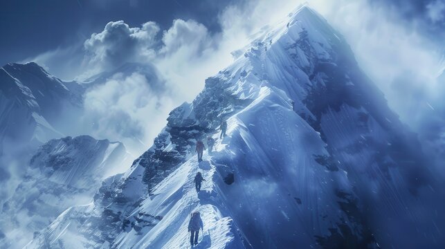 Climbers ascend the iconic Hillary Step on Mount Everest during a challenging expedition under dramatic mountain conditions