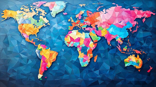 Colorful World Map: A vibrant, artistic representation of the world, crafted from colorful, geometric shapes, creating a captivating abstract map with a  sense of global unity and connection.