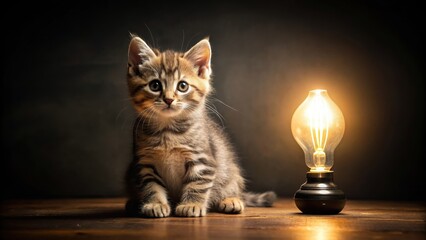 Cute kitten sitting in darkness under light bulb, kitten, cute, darkness, light bulb, sitting, adorable, furry, small, pet
