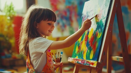 A young girl is painting a picture on a canvas