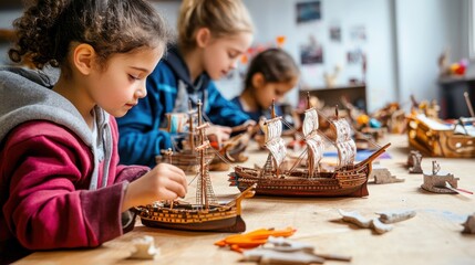 Children engaged in crafting miniature models of Columbus's ships for a Columbus Day celebration at a lively arts and crafts table