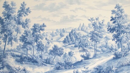 Obraz premium Soft blue and white classic toile wallpaper featuring a serene landscape with trees, hills, and a waterway, perfect for an elegant interior