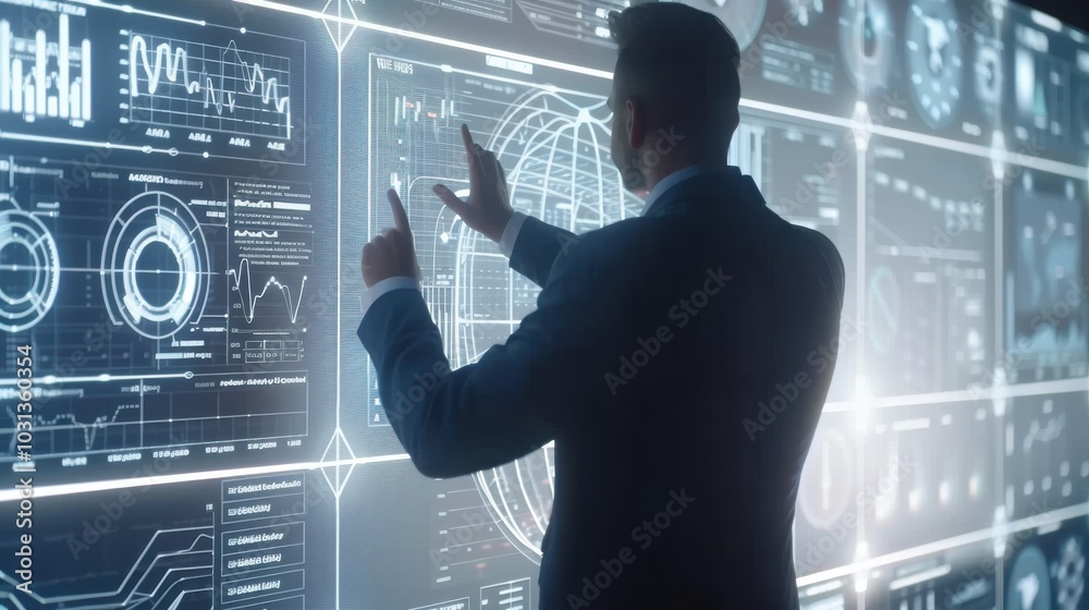 Poster a man in a suit is pointing at a computer screen with a lot of graphs and numbers. he seems to be fo