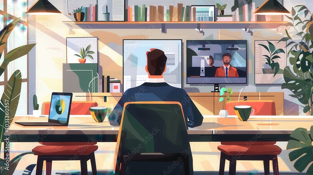 Poster a man is sitting at a desk with a laptop and a tv in front of him. he is wearing a suit and tie. the