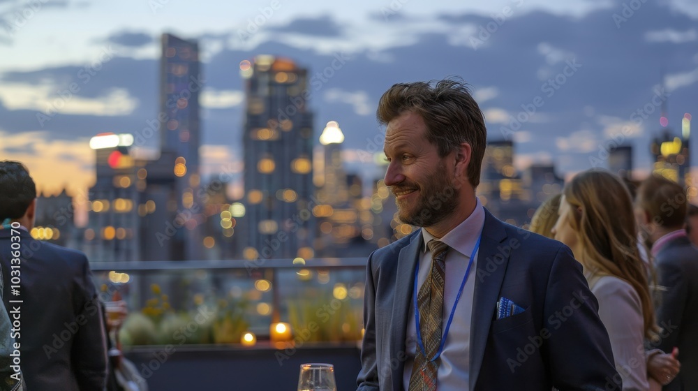 Poster a man in a suit is smiling at the camera while looking out over a city. he is wearing a tie and a bl