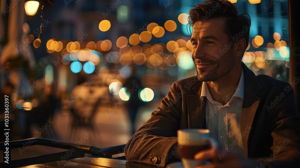 Poster a man is sitting at a table with a cup of coffee in front of him. he is smiling and looking out the 