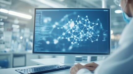 A scientist analyzing digital data on a computer screen, showcasing network connections and advanced technology in a modern lab.