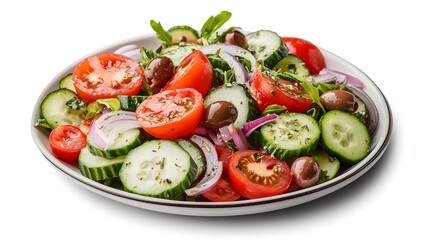 Fresh greek salad on a plate on white background. 