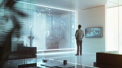 A man stands in front of a large screen with a lot of numbers and graphs. He looks at the screen with interest, possibly trying to understand the data or make sense of the information displayed