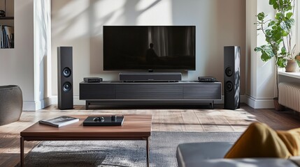 Fototapeta premium Modern Living Room Entertainment Setup with TV