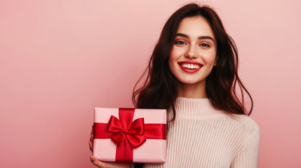 Fototapeta premium Young woman holding gift box against pink background - perfect for celebrations and special occasions