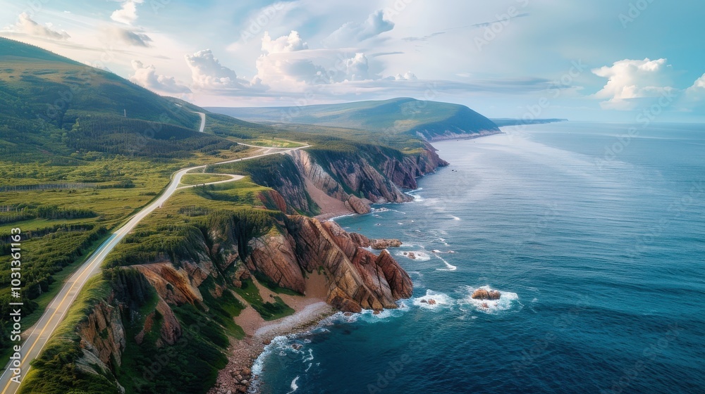 Poster The image captures a stunning view of the ocean and mountains, with a road running through the lush green hills in the distance. The sky is filled with fluffy clouds, creating a sense of calm